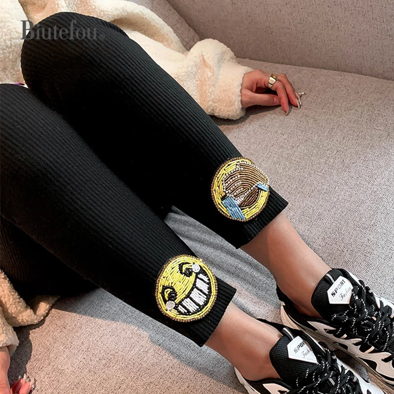 2019 Зимние трикотажные эластичные брюки с бисером толстые женские тонкие