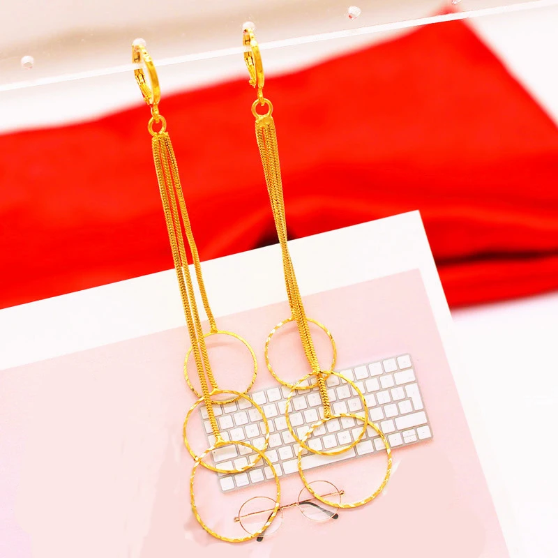 Fashion Statement Earrings 24k gold filled long drop earrings For Women pure color Hanging Dangle wedding Jewelry | Украшения и