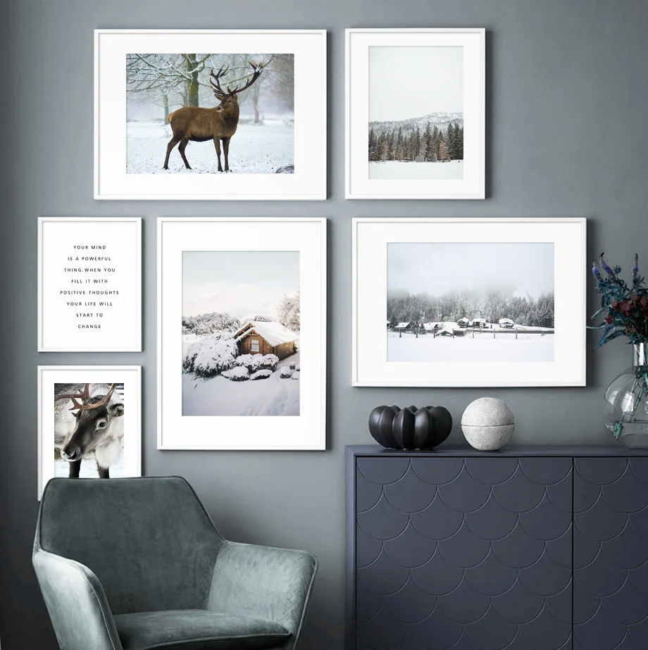 Alps Snow Mountain Deer Pine Forest настенная Картина на холсте скандинавские постеры и принты
