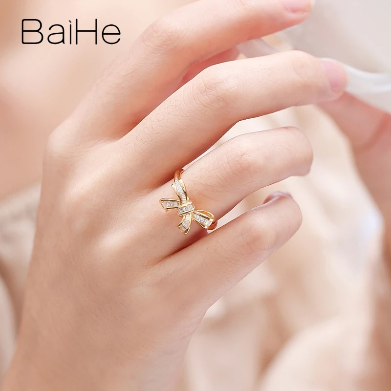BAIHE, 14 к, желтое золото, около 0.30ct, H/SI, квадратный,, натуральные бриллианты, обручальное кольцо, модное, хорошее ювелирное изделие, бант, подарочное кольцо