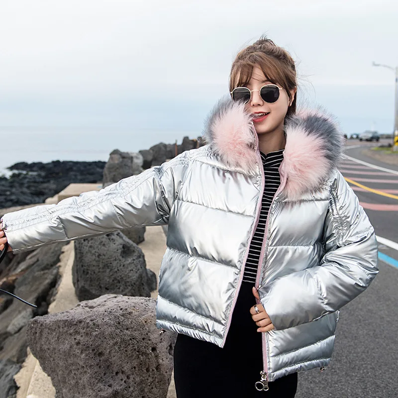 New Fashion Women Glossy Short Silver Down Jackets Big Colorful Fur Collar Hooded Coat Parka Jacket Warm Womens Winter | Женская одежда