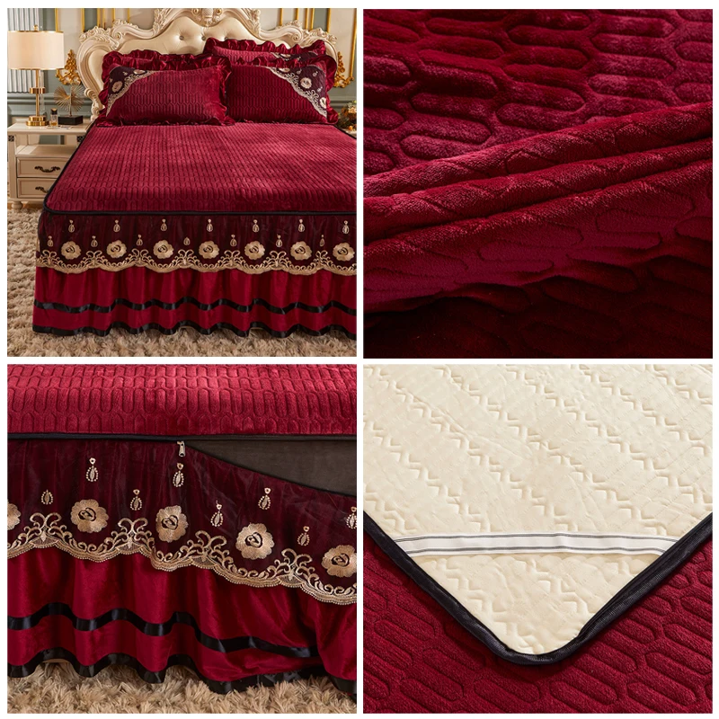 

Lace Milk Velvet Bedspread on The Bed Quilted Soft Bed Sheet with Elastic Bands Ruffle Bedskirt Full Queen King Size European