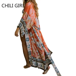 chili girl oversize beach cover up kimono vintage print floral holiday bikini outing boho loose long cardigan orange covers new free global shipping