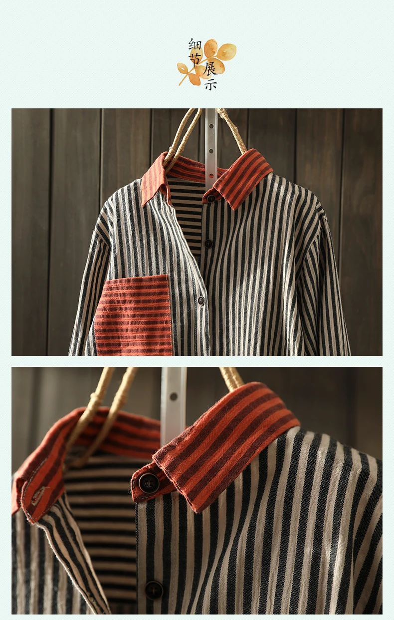 

2020 Mori Girl New Spring Blouse Literary Retro Pocket Stripe Women's Cotton Linen Shirt Loose Long Sleeve Tops