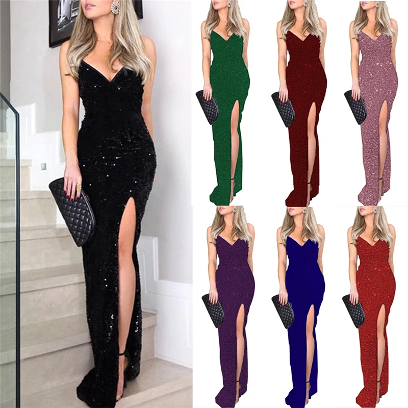 

2021 Sexy Deep V Sequin Dress Women Suspenders Sleeveless High Slit Black Long Skirt Ladies Nightclub Party Dress