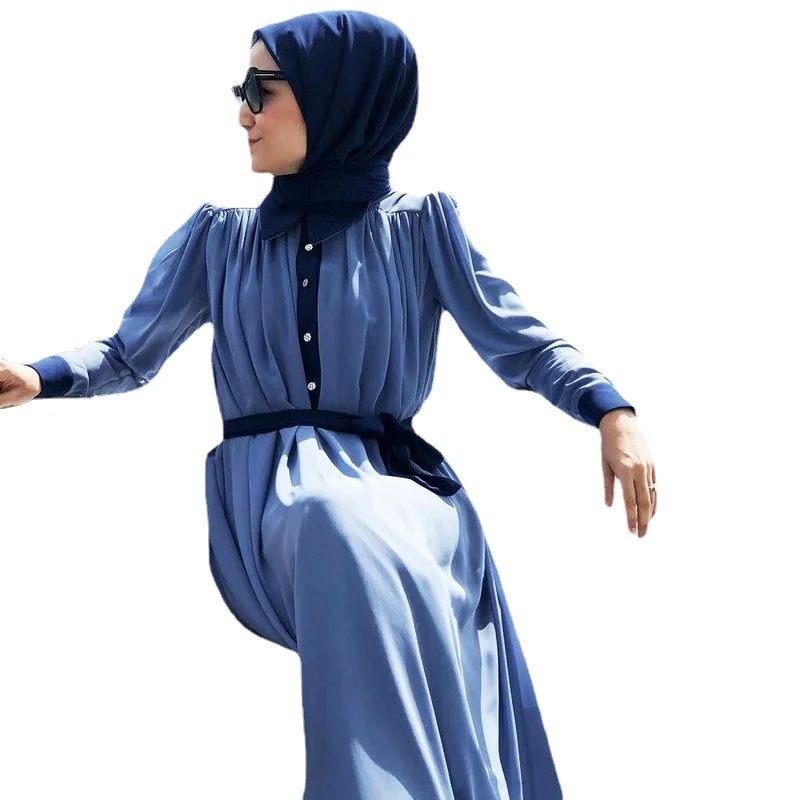 

Autumn Muslim New Chiffon Contrasting-Color Dress Ins Internet Hot Women's Clothing