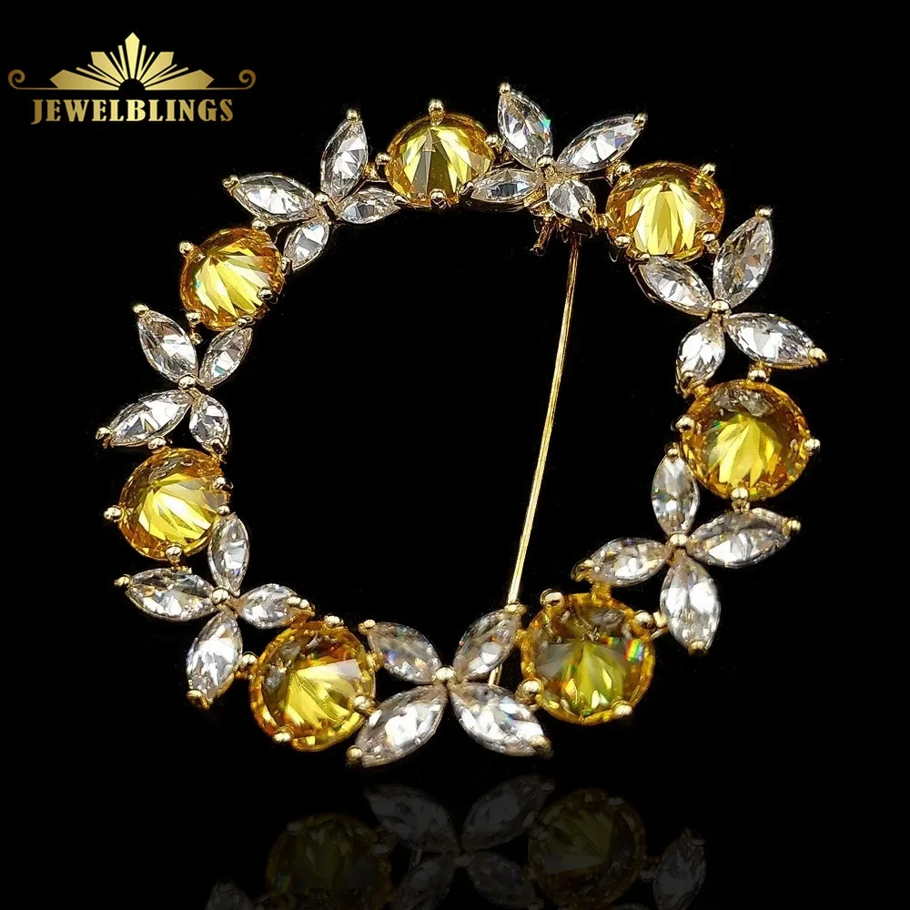 

Gleaming Marquise Shape CZ Leaves Yellow Round Stones Garland Brooches Gold Tone Floral Circlet Wreath Pins Women Cape Jewelry