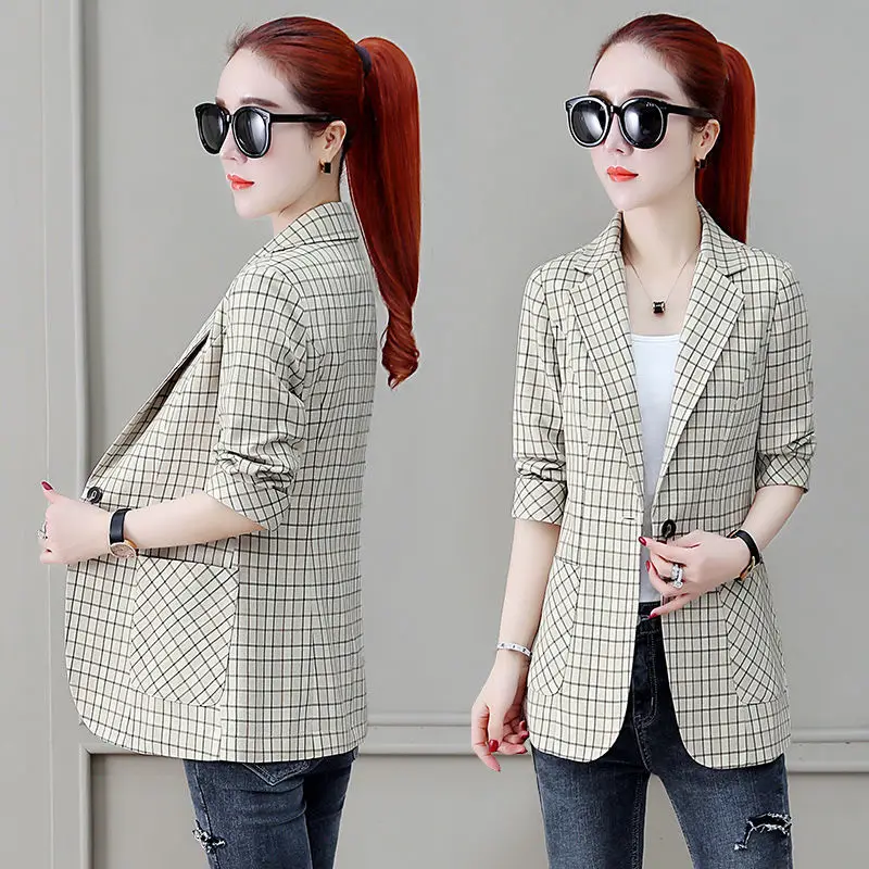 

Vintage Plaid Blazer Jacket For Women Loose Three Quarter Sleeve Office Ladies Coat With Pockets Casual Single Button Outerwear