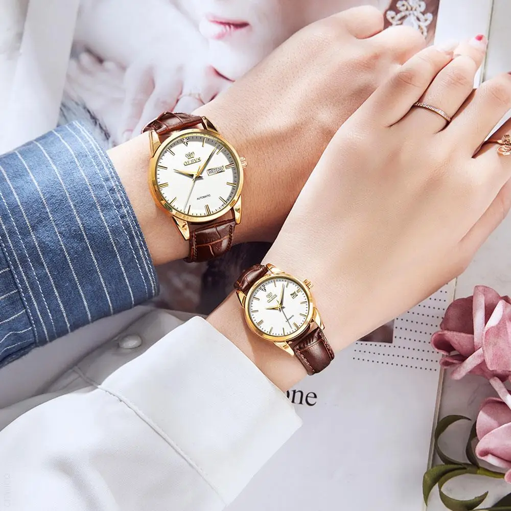OLEVS Couple Automatic Mechanical Watch for Men Women Pair Matching His & Hers Watches Wristwatch Date Valentine's Gifts Set