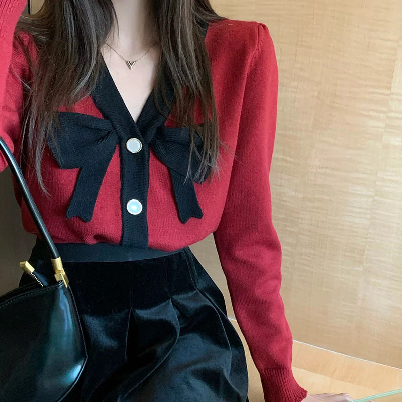 Женский однобортный Кардиган Harajpoo трикотажный контрастный свитер с V-образным