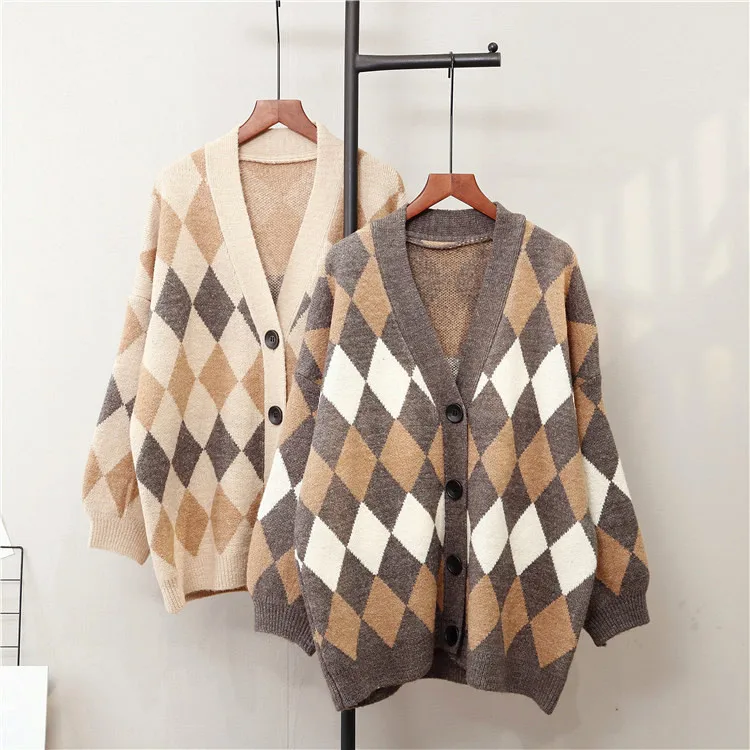 

Женский вязаный кардиган с узором ромбиками, свободный свитер с геометрическим узором, Осень-зима 2022