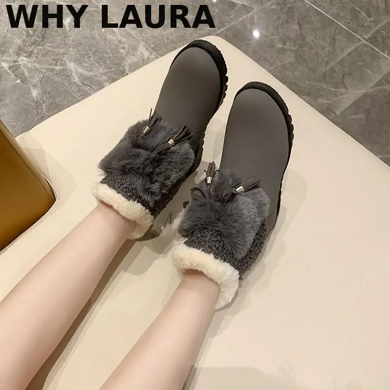 

New Winter women's boots Fashion warm plush Mid-calf boots Women's sliding round toe flats non-slip platform comfort boots Brown
