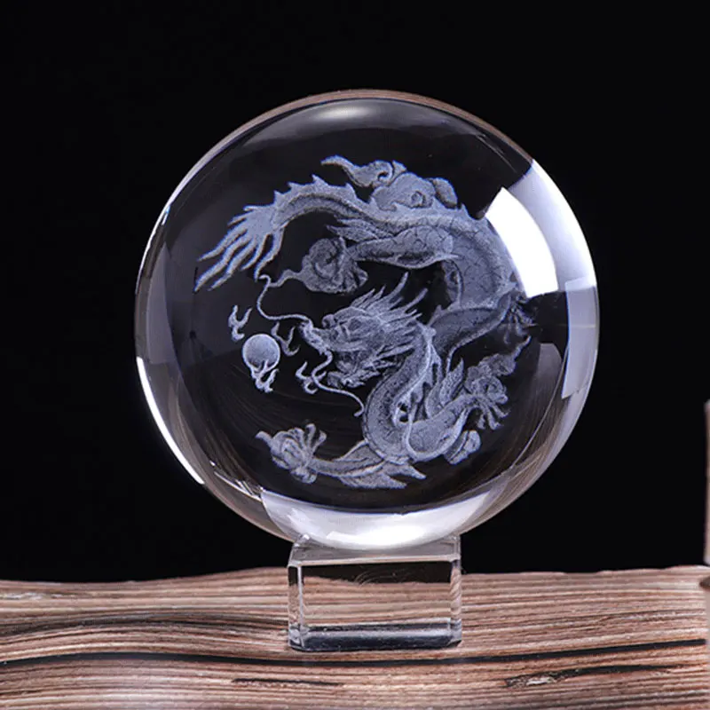 6 cm/ 8cm 3D Crystal Ball with Dragon Miniature Figurine Sphere Laser Engraved Craft Globe LED Base Home Decor | Дом и сад