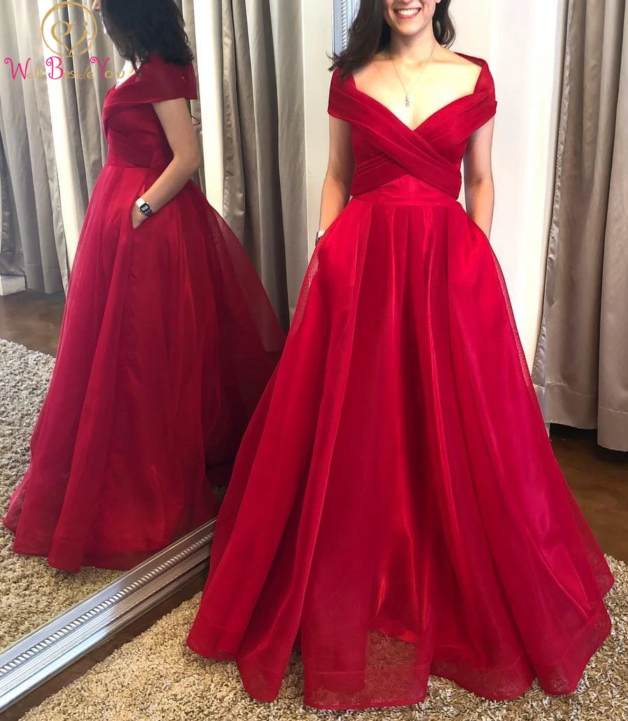

Elegant Simple Wine Red Prom Dresses 2021 Off Shoulder Organza with Pockets A Line Long V Neck with Wrap suknie wieczorowe