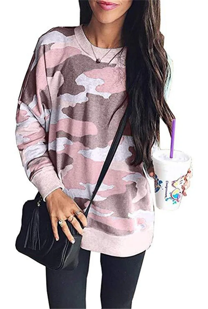 Женский Повседневный пуловер с круглым вырезом и длинным рукавом камуфляжный