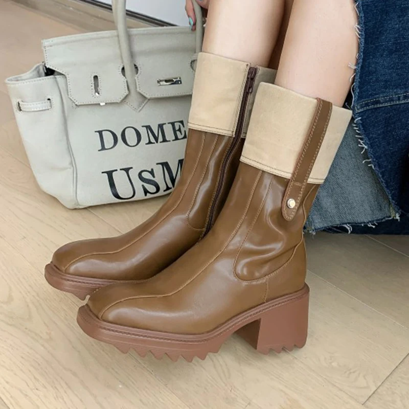 

Rimocy Fashion Chunky High Heels Boots for Women 2021 Autumn Square Toe Mid Calf Boots Woman Patchwork Thick Sole Ladies Shoes