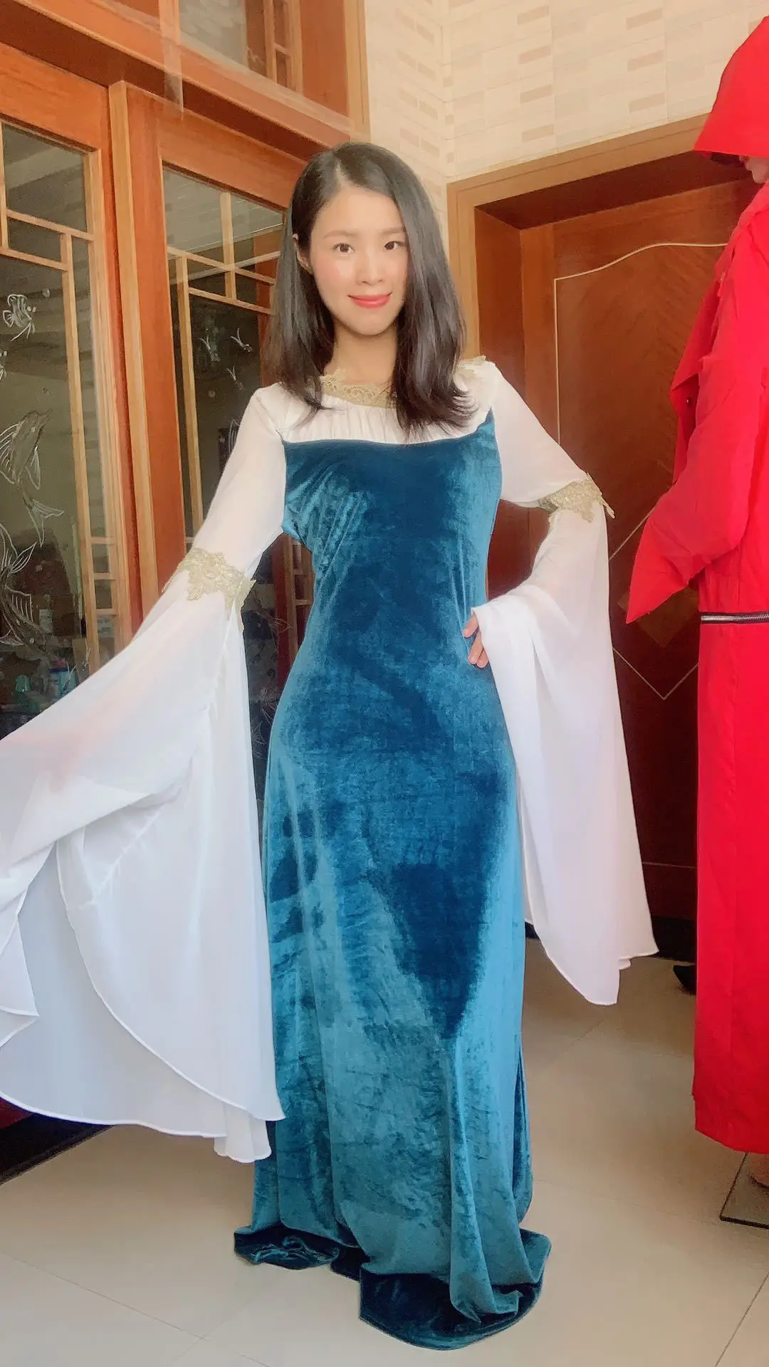 

Kalenmos New Medieval Dresses for Women Flared sleeves Lace Round Neck Stitching Ladies Retro Slim Palace Woman Dress