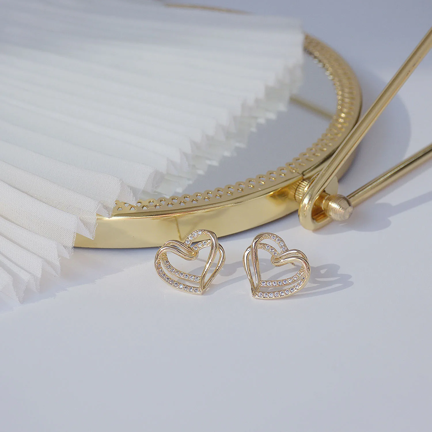 

New design Luxury 14K Real Gold Double Hollow Love Heart S Needle Stud Earrings for Women Cubic Zircon ZC Earrings