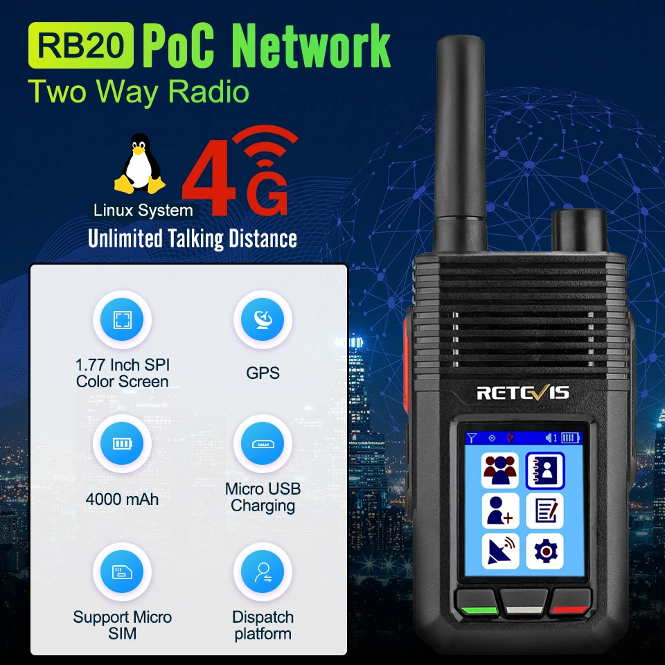 Enlarge Retevis RB20 Network Walkie Talkie 4G POC PTT Network Two Way Radio Support LTE FDD/WCDMA/GSM SIM Smartphone Long Range Call