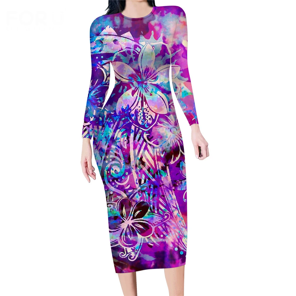 

Noisydesigns Vintage Women Sexy Midi Long Tops O Neck Dress Colorful Polynesian Flower Tie Dye Printing Summer Autumn Vestido