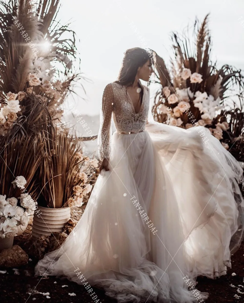 Boho Dreamy A Line Свадебные платья с длинным рукавом золотой пояс Свадебные платья Robe de soriee Maxi Noivas DW187