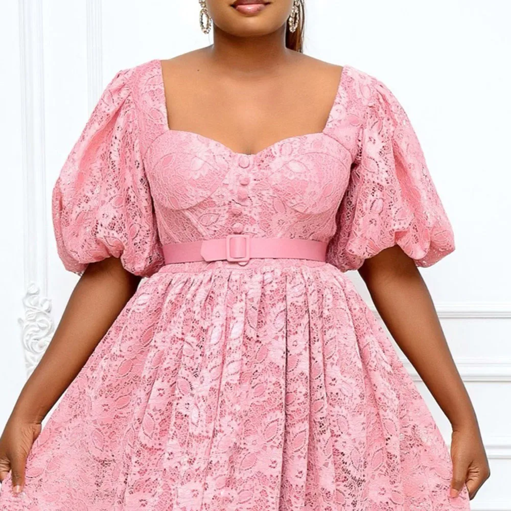 

Brand Design 2021 Vintage Puff Sleeve High Waist Women Evening Party Pink Lace Maxi Long Dress Summer Palace Style Elegant Lady