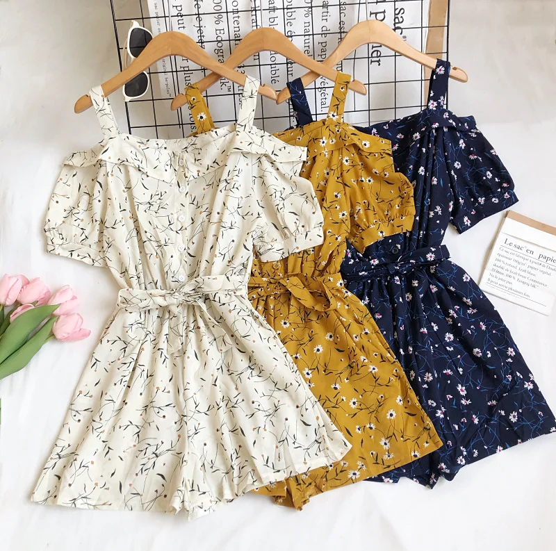 

Summer Women's Jumpsuit Korean Style Retro Floral Square Neck High Waist Wide Leg Jumpsuit New Female Slim Jumpsuits DE639