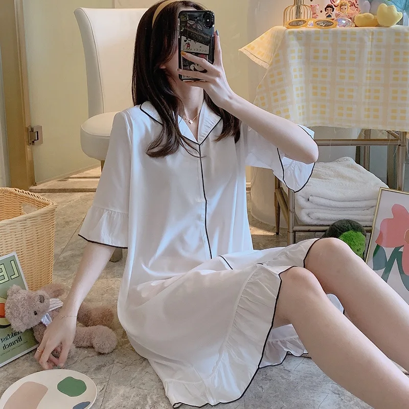 

Nightgowns Women Summer Simple White Loose Half Sleeve Thin Home Lounge Tender Knee-length Sweet Solid Various Colors Breathable