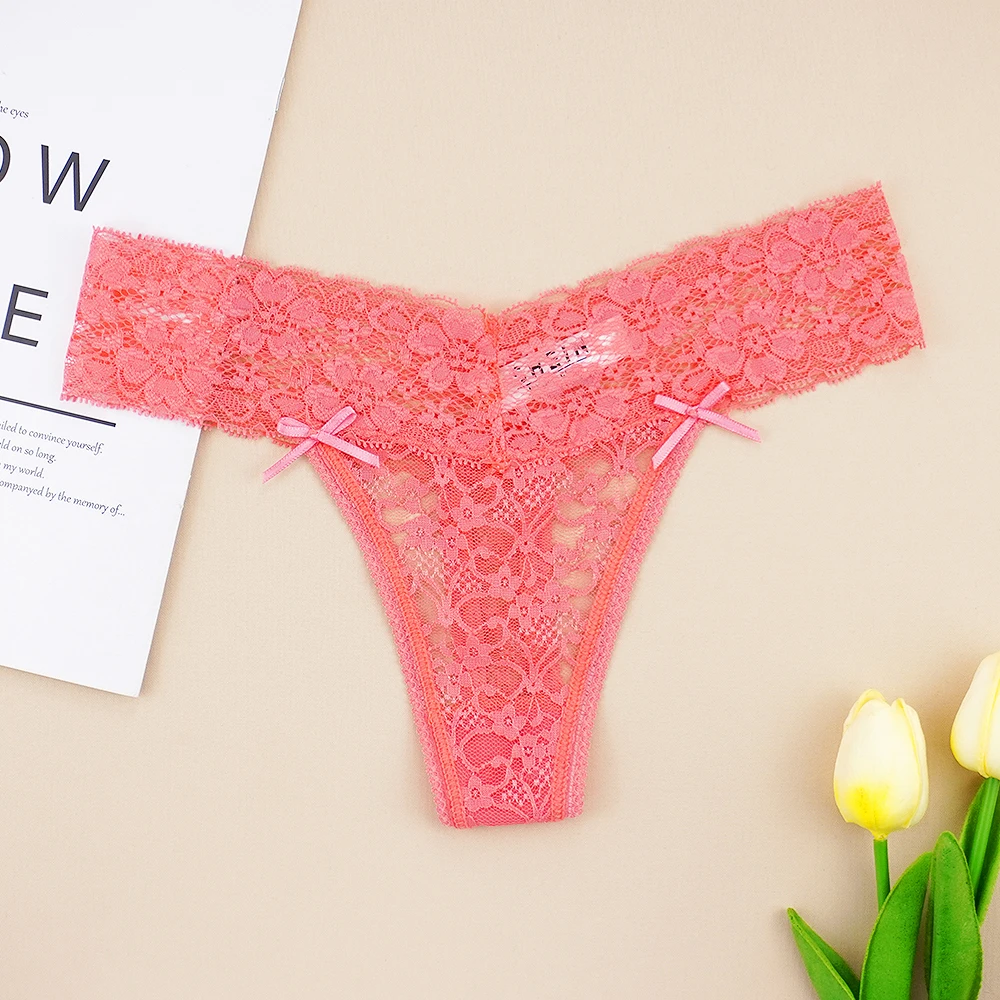 

3 Pcs Lot Sexy Underwear Women G String Thongs Solid Lace Hollow with Bow See-through Panties Ropa Interior Lingerie Femenina