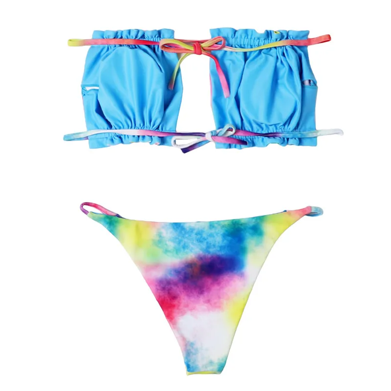 

New 2021 Women Lace Up Print Bikini Set Beach Swimsuit Summer Strapless Padded Bras Swim Panties Biquini Bandage Bathing