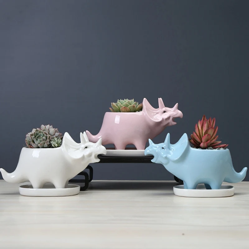 

Ceramic Triceratops Flowerpot With Tray Creative Dinosaur Flowerpot Succulent Garden Desktop Decoration-White