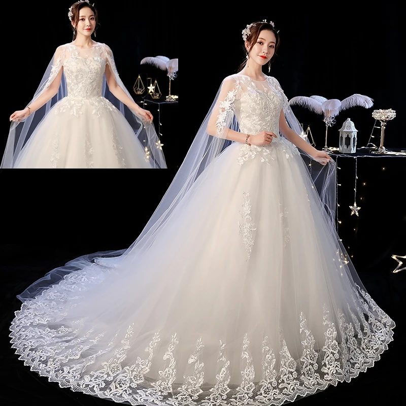 

Simple Long Puff Sleeve Lace Appliques Wedding Dresses Princess 2020 New O Neck A Line Bride Dress Bridal Wedding Gowns