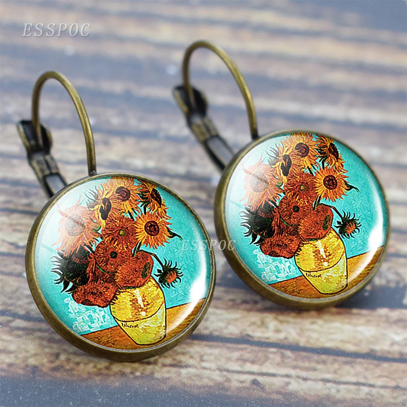 Модные серьги Van Gogh, Франция, серьги-гвоздики, бижутерия со стеклянными кабошонами, звездная ночь, Подсолнух, ушные крючки для женщин, подарок для влюбленных девушек