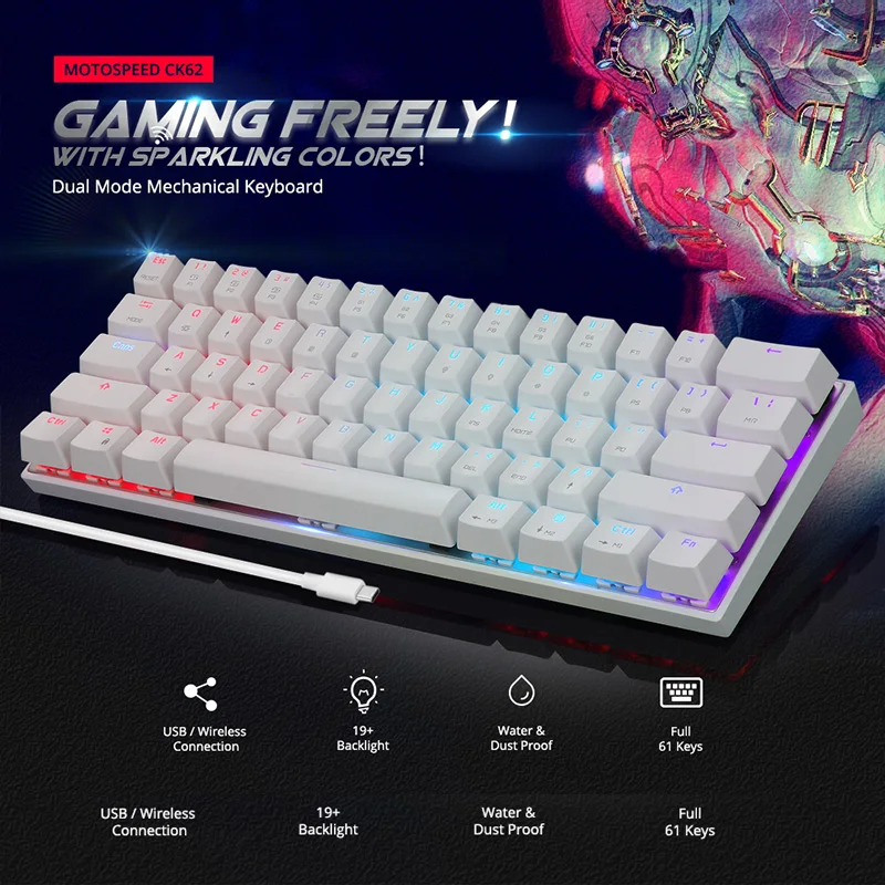 motospeed ck62 wiredwireless bluetooth mechanical keyboards 61 keys rgb led backlit gaming keypad for win ios android laptop pc free global shipping