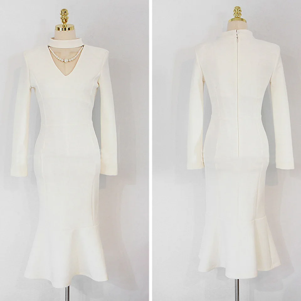 

High Waist Slim Tight Office Dress 2020 Spring Small Sexy Hollow Stand-Up Collar Fishtail Hem Plain Women Elegant Party Dress