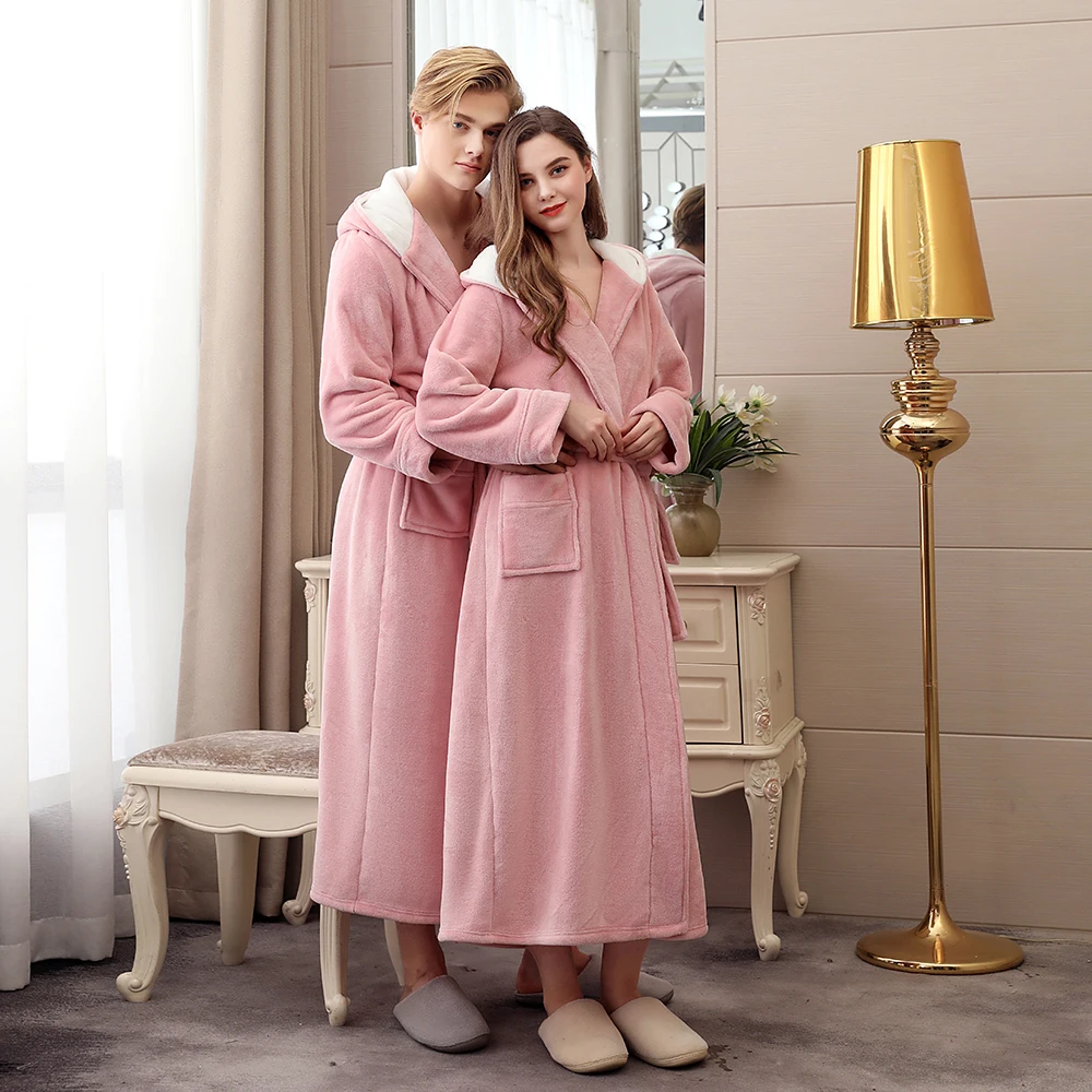 Autumn Winter Flannel Robes for Men Double Layers Hooded Robe Bath Couple Warm Thicken Plus Size Bathrobe Female Bride Nightgown