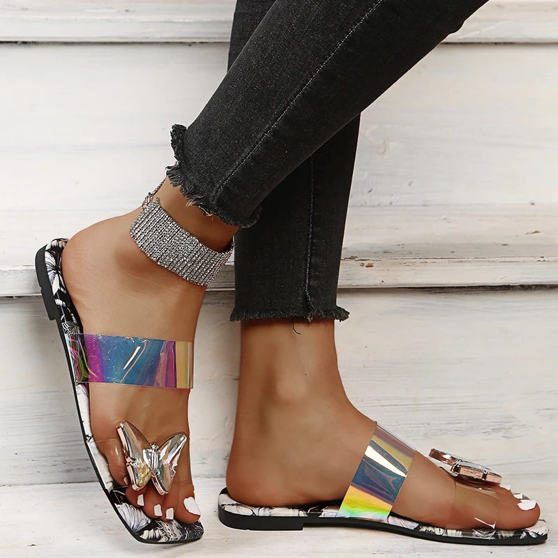 

Crystal Butterfly Women Slippers Plus Size 42 43 Sexy Summer Flat Shoes Ladies