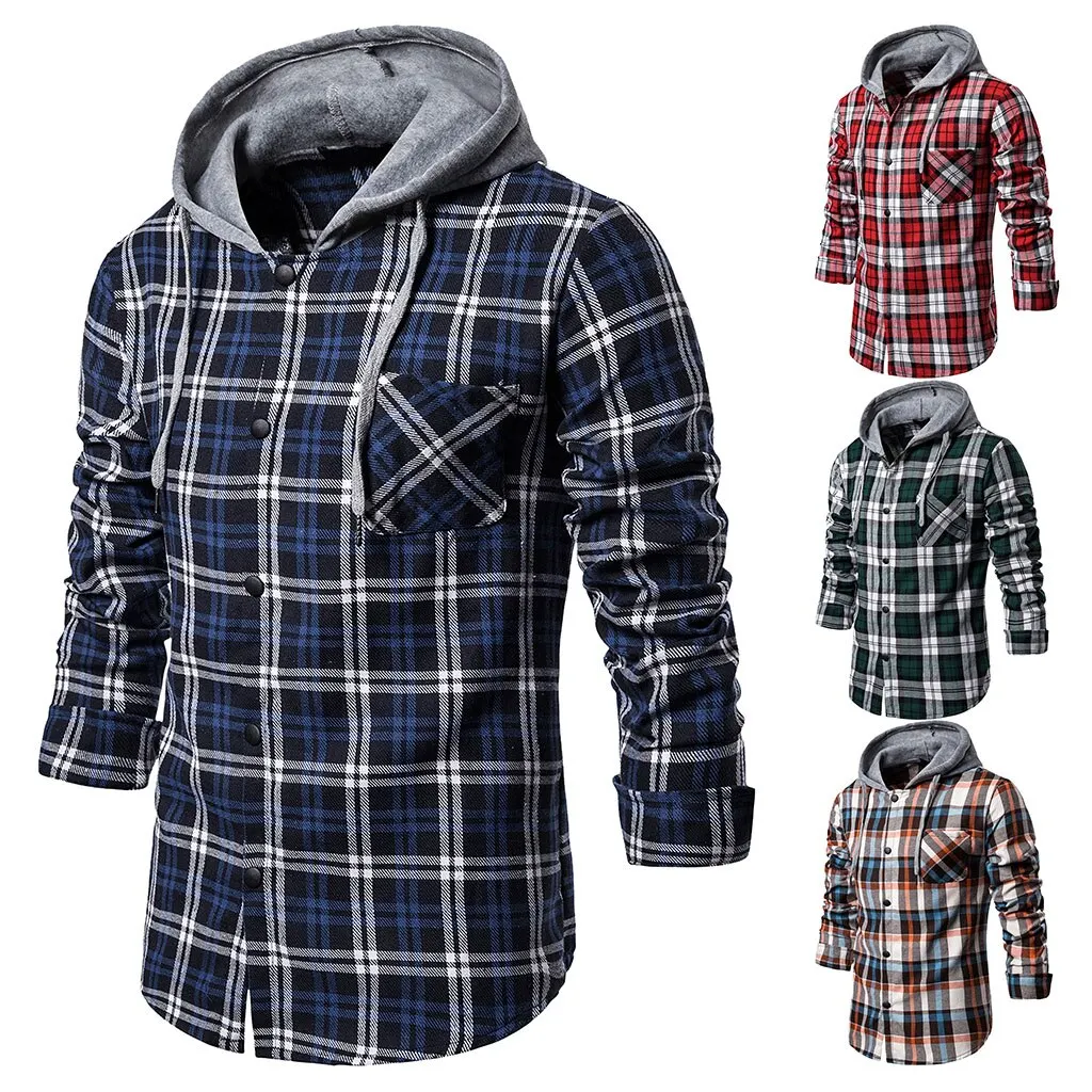Осень 2019 Мужская рубашка с капюшоном Повседневная Тонкая Клетчатая Camisa Masculina