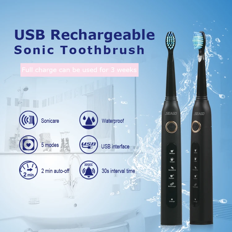 Seago ультра звуковая электрическая зубная щетка sonic Wave чистая USB перезаряжаемая зубная щетка с сменными головками 1 ручка 8 головок