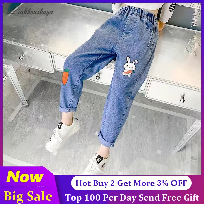 

Лидер продаж, весенне-осенние повседневные детские джинсовые брюки с милым рисунком кролика для девочек, джинсовые брюки, детская одежда