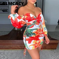 off shoulder long sleeve ruched bodycon dress women bohemian style beach holiday pleated dresses