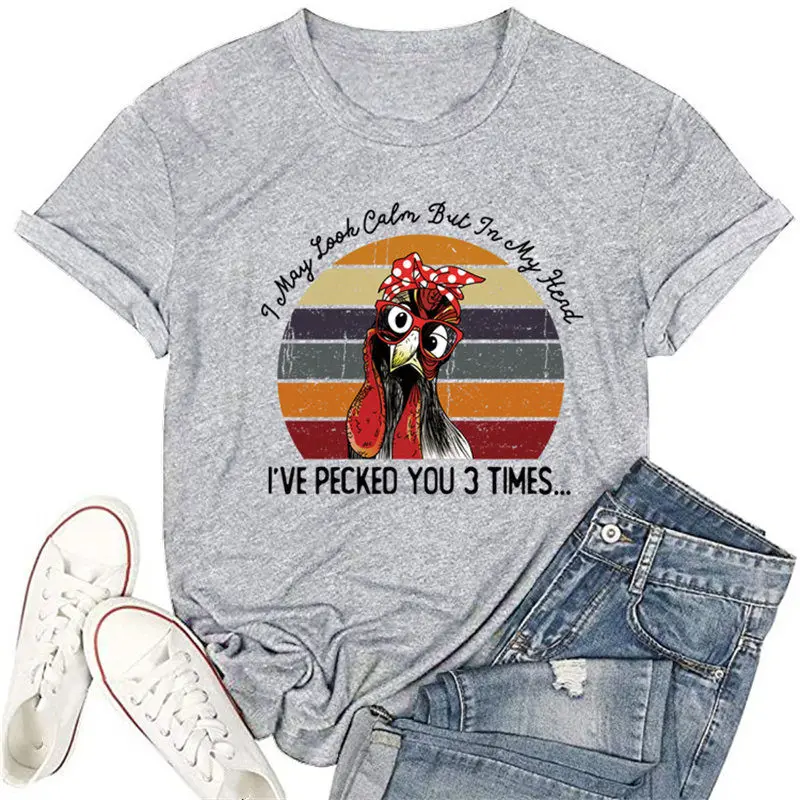 

Women I May Look Calm Chicken Top Trendy Short Sleeve Soft Letters Tee Streetwear Ladies Casual Aesthetic Slogan T-Shirt