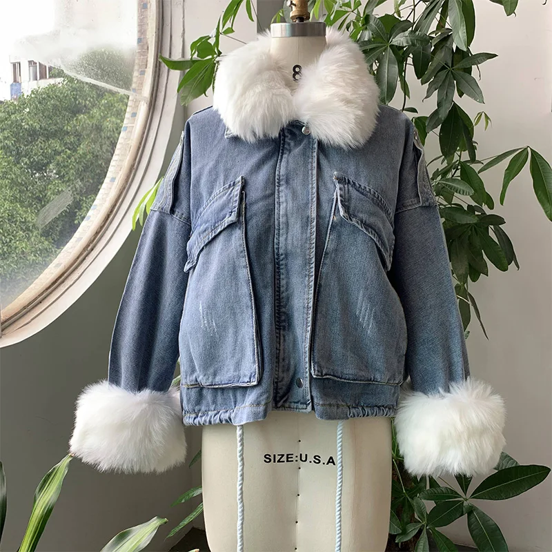 Куртка женская джинсовая теплая повседневная верхняя одежда из денима с длинным