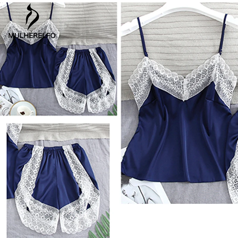 

Women V Neck Lingerie Set Lace Patchwork Sleepwear Female Floral Spaghetti Strap Satin Short Pants Two Pieces Comfortable Home
