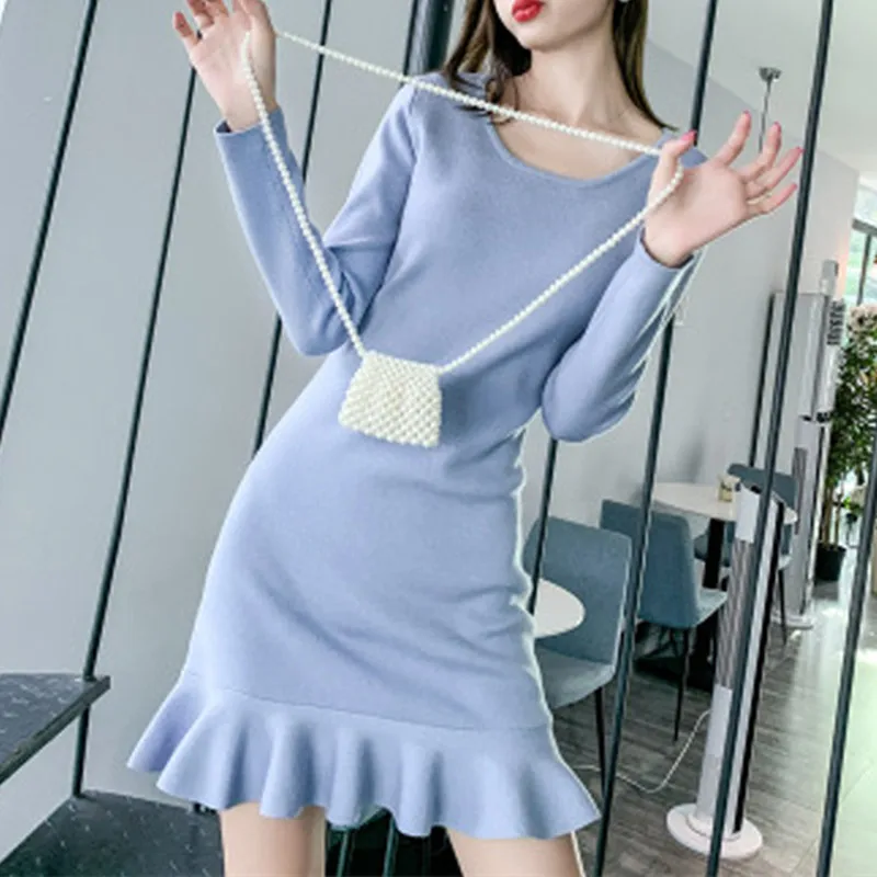 

Autumn Dress Sweater Women's Fishtail Knitted Solid O-neck High Waist Mini Dresses Long Sleeve Sexy Ruffles Dress Clothing Women