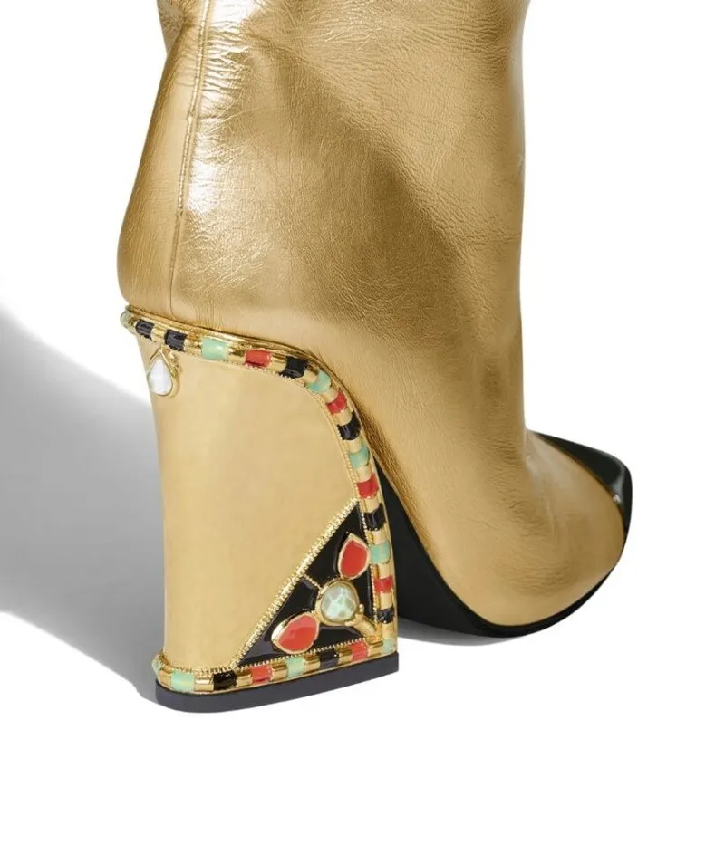 US4-11 женские ботфорты из натуральной кожи с острым носком и золотыми блестками