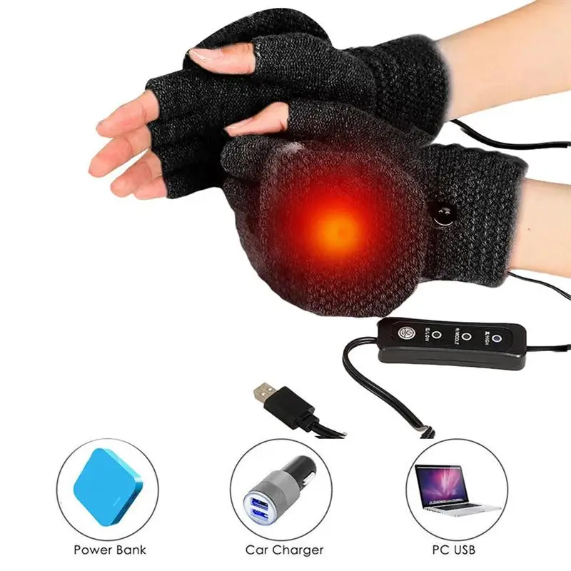 

USB Heated Gloves Knitted Gloves 3 Temperature Levels Washable Full Half Hands Heating Gloves Winter Indoor Outdoor Warm Gloves