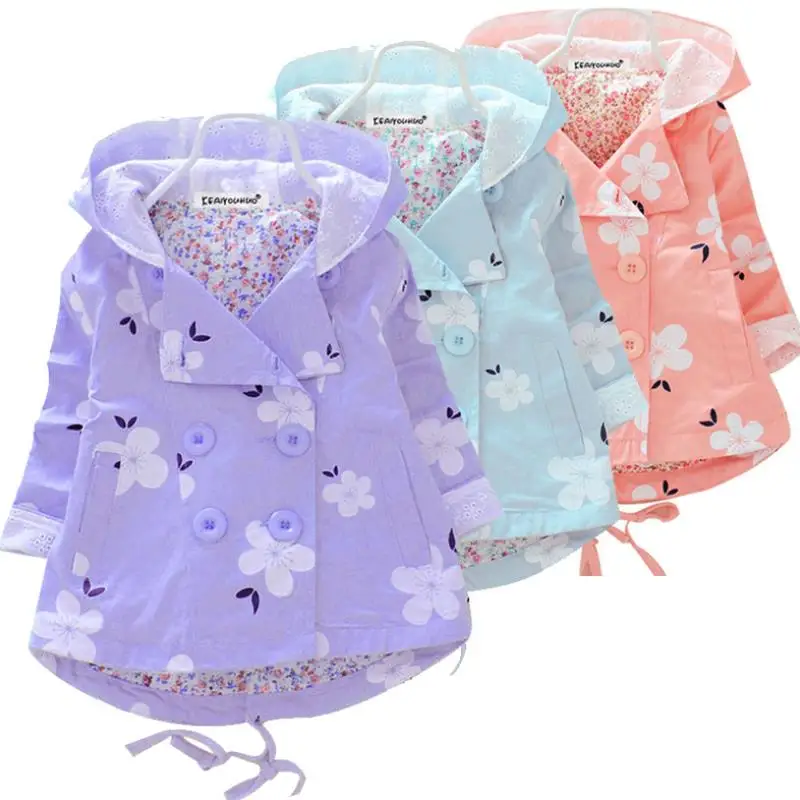 

Spring Autumn Girls Casual Jackets Hooded Outerwear Fashion Printing 2021 New Flower Windbreaker Children Clothing1- 5Years