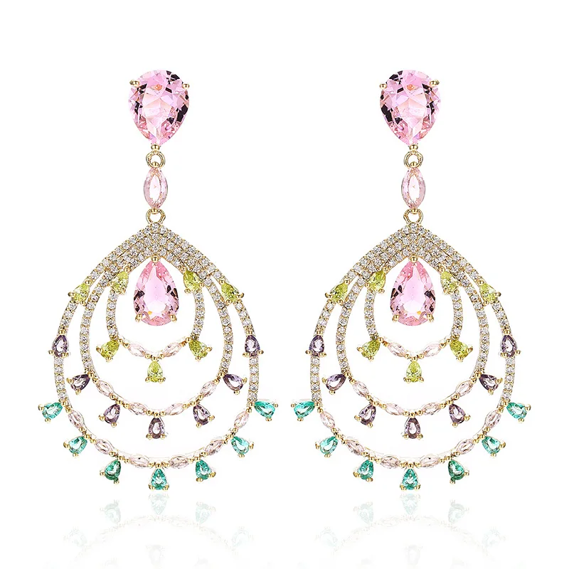 

Trend Wedding Jewellery Colorful Crystal Water Drop Earrings Creative Hyperbolic Hollow Dangle Jewelry Women Luxury Earings