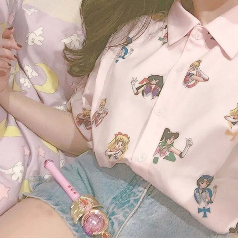 Сейлор Мун розовый короткий рукав рубашки Harajuku футболка женская одежда косплей милые кавайные Топы отложной воротник мультфильм футболка для